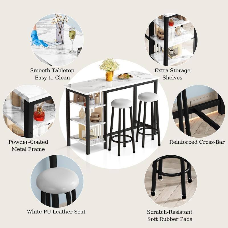 Grondin Modern Contemporary Faux Marble 3 Piece Bar Table Set with 2 Upholstered Stools and Extra Storage Shelves