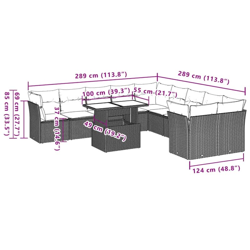vidaXL Patio Sofa Set with Cushions and Table Outdoor 11 Piece Poly Rattan - 24.4 x 24.4 x 27.2
