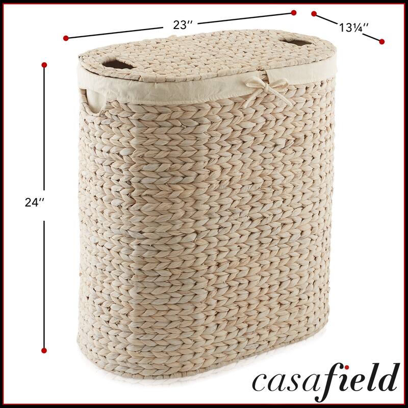 2Section Oval Laundry Hamper Basket w Lids and Liner Bags for Clothes