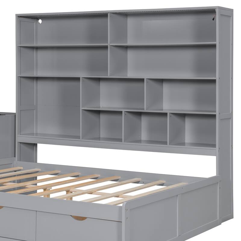 Full Size Wooden Daybed with Desk, Shelves, Drawers, and Lights in Gray