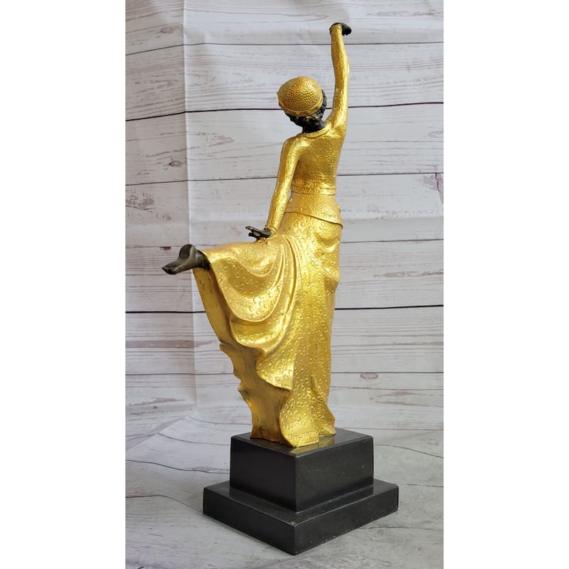 Chiparus Arabesque Dancer Gold Patina Bronze Sculpture Statue Art Deco Figure On Marble Base