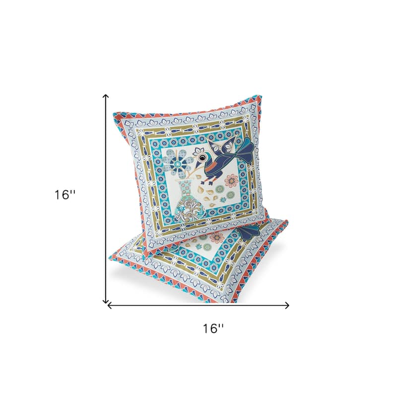 HomeRoots Set of Two 16" X 16" Beige and Green Peacock Blown Seam Floral Indoor Outdoor Throw Pillow - 16.00' X '16.00' X '5.00