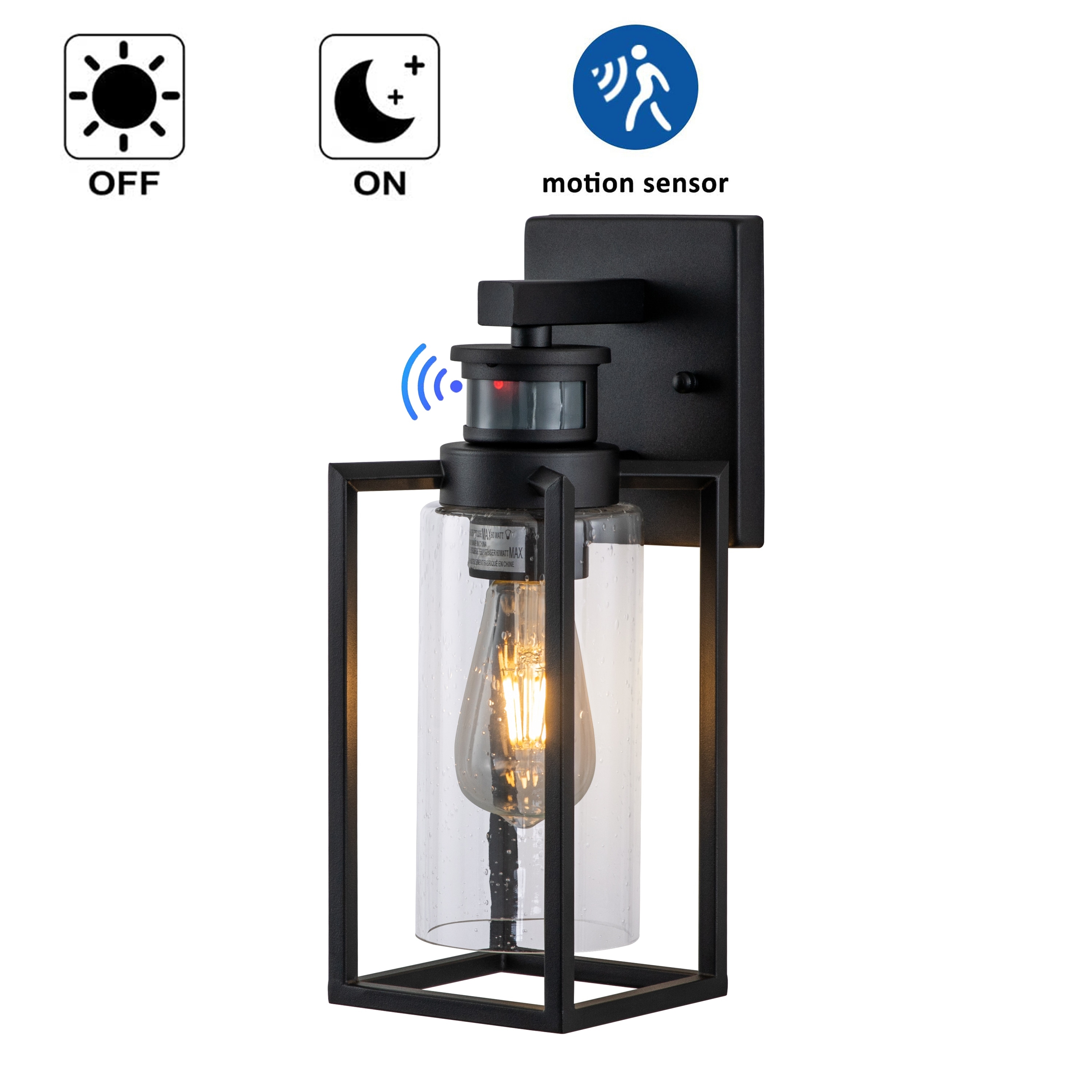 1-Light Matte Black Motion Sensing Dusk to Dawn Outdoor Wall Lanten