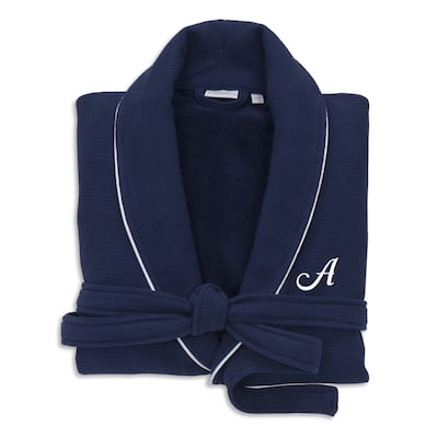 Authentic Hotel and Spa Navy Blue Unisex Turkish Cotton Waffle Weave Terry Bath Robe with White Script Monogram