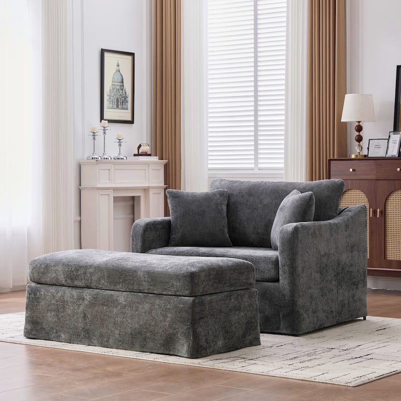Morden Accent Chair with Ottoman, Chenille Living Room Side Chair, Single Sofa Armchair with Bolster Pillows
