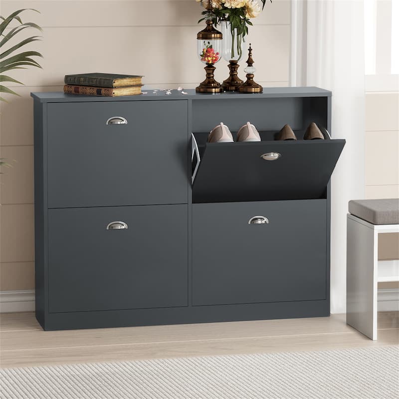Wood Hidden Slim Narrow Shoe Cabinet with 4 Drawers for Bedroom