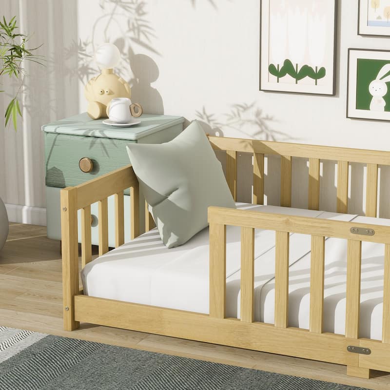 Twin Size Floor Bed with Fence without Door, Rubber Wood Floor Bed with Safety Guardrails