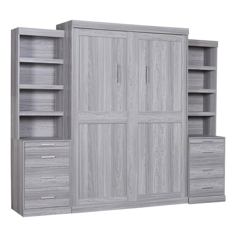 Space-Saving Full Size Murphy Bed with Storage Shelves and Drawers, Gray