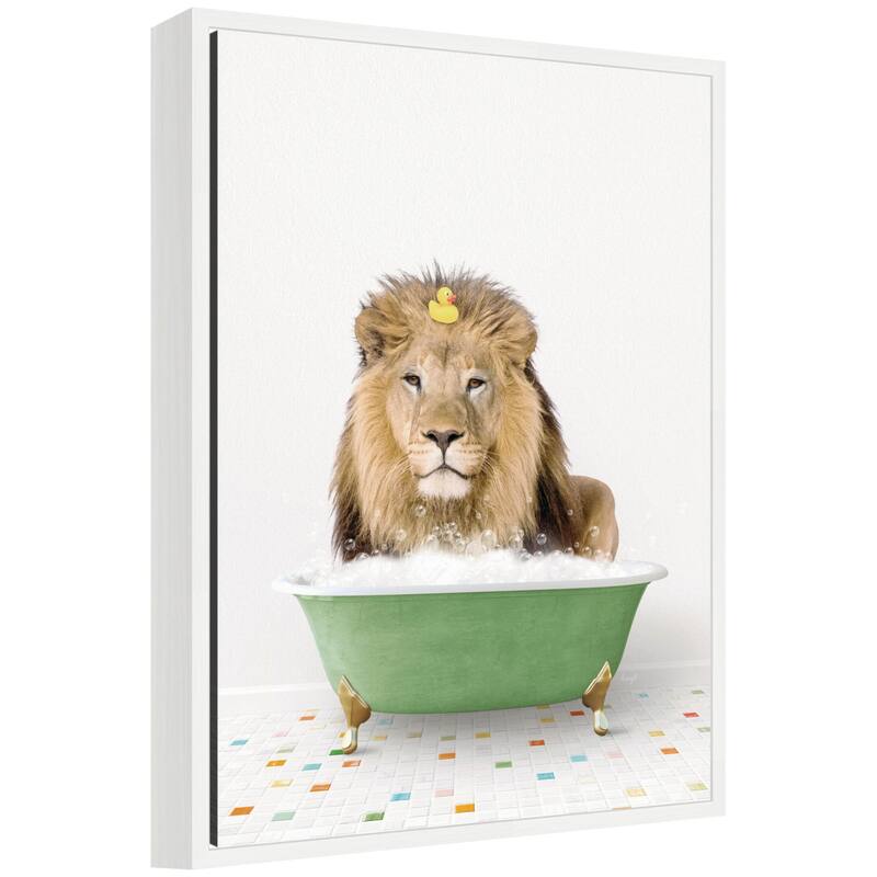 Kate and Laurel Sylvie Lion in Green Bathtub on Colored Tile Framed Canvas by Amy Peterson - White