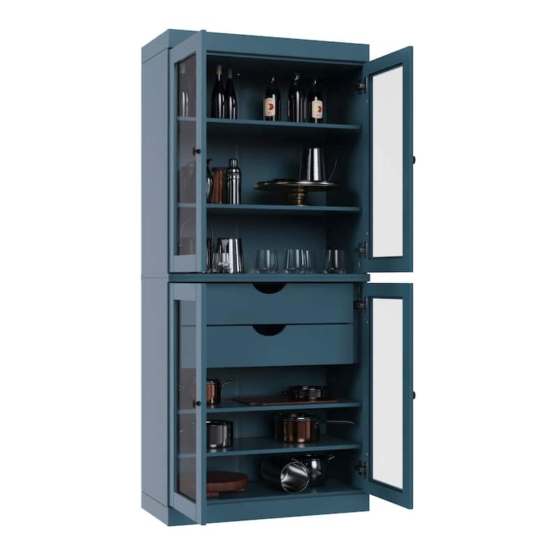 Palace Imports 100% Solid Wood Pantry Cabinet with Frosted, Clear Glass or Solid Doors, 2-Drawers and Adjustable Shelves