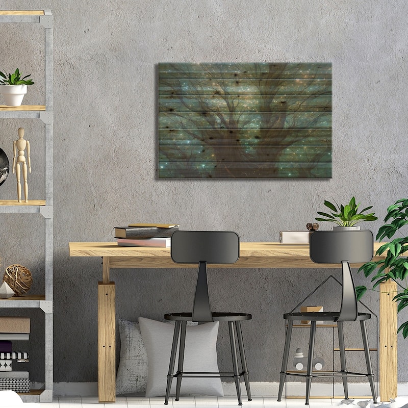 Bare Tree And Fireflies Print On Wood by Mike Kiev - Multi-Color