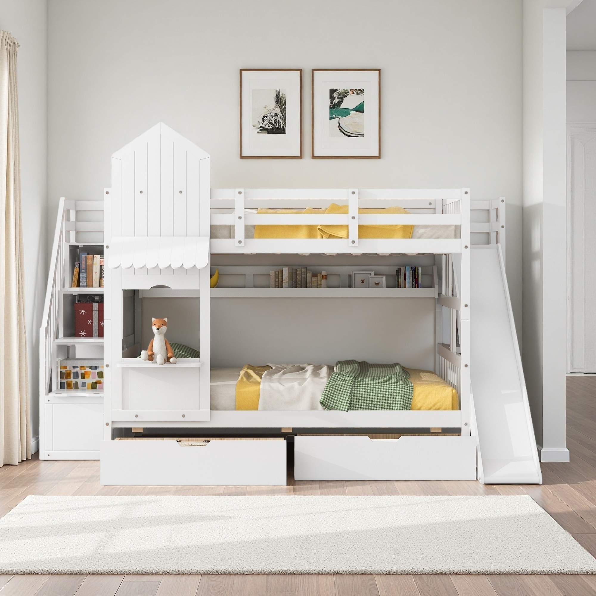 Full Over Full Solid Pine Wood Castle Style Bunk Bed with Slide, 2 Drawers & 3 Shelves, Playhouse Fence Design Wooden Bunk Bed