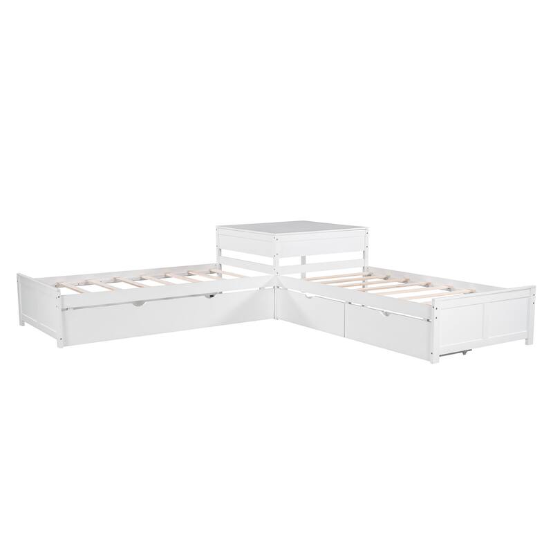 L-Shaped Twin Platform Bed with Trundle and Built-in Desk, Wood Frame with Storage Drawers for Living Room, Guest Rooms