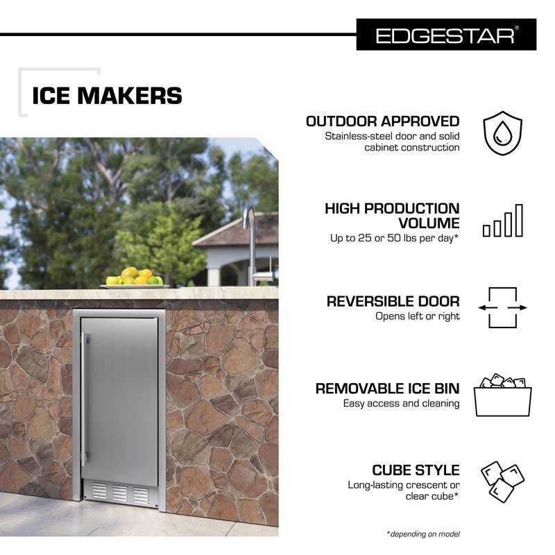 EdgeStar 15 Inch Wide 25 Lbs. Capacity Built-In Ice Maker with 50 Lbs.
