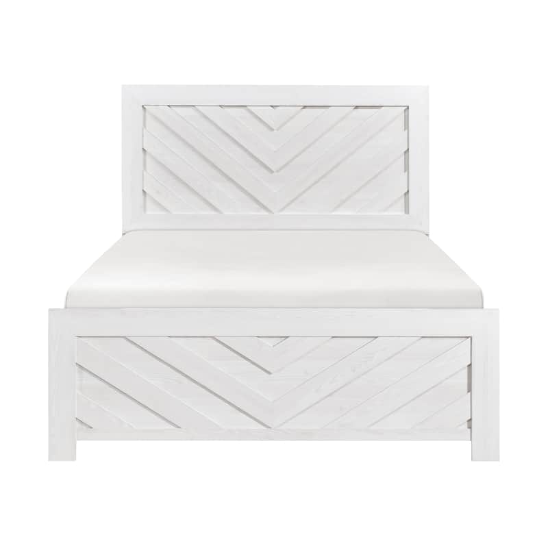 Modern White Queen Size Panel Bed with V-Pattern Design, Ships in One Box - White