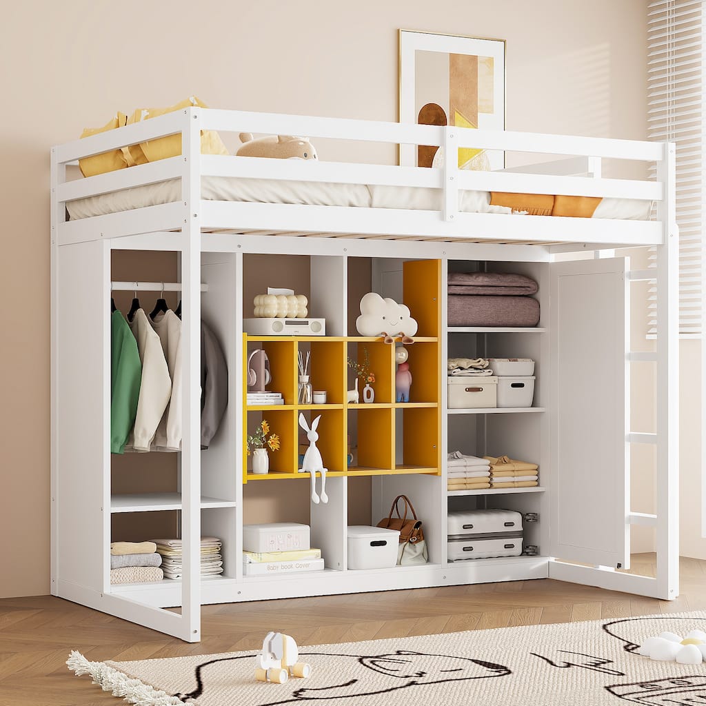 White and Yellow Twin Size Wood Loft Bed with Wardrobe, Shelves, and Cabinet