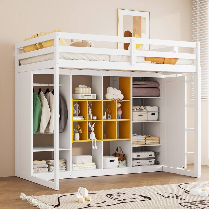 Wooden High Loft Bed with Reversible Ladder, Storage Loftbed Frame with Wardrobe, Shelves and Cabinet, No Box Spring Needed