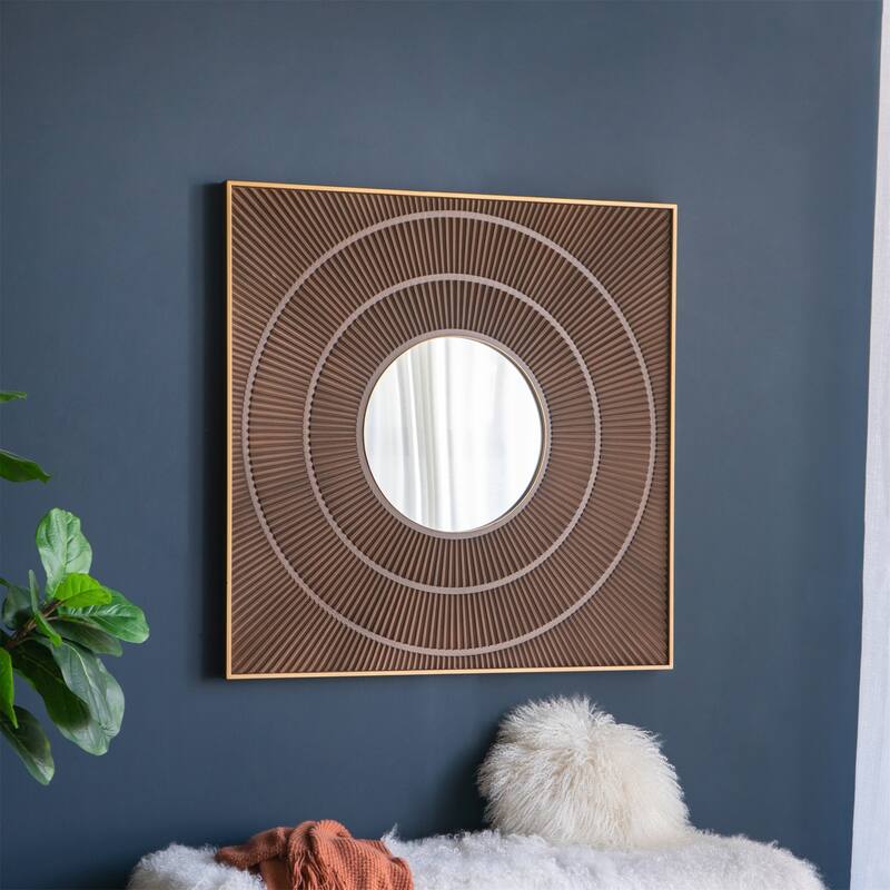 Square Carved Mirror with Pleated Design with Gold Iron Frame