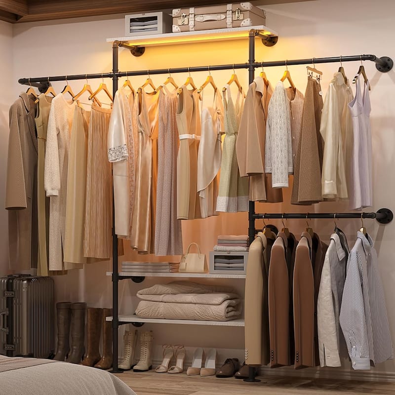 87"W Industrial Pipe Clothing Racks with LED Lights & Open Shelves,Reversible Walk-in Closet Oraganizer System Garment Racks - White