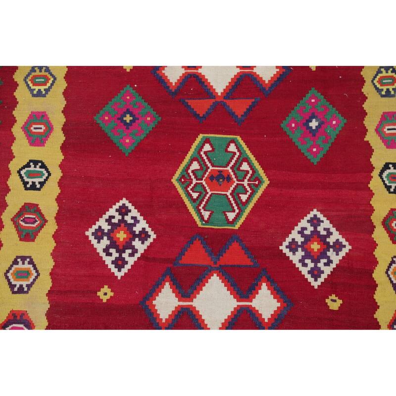 Hand Woven Oriental 100% Wool Carpet Southwestern Geometric Red Kilim Runner Rug - 8' 7'' X 4' 5''