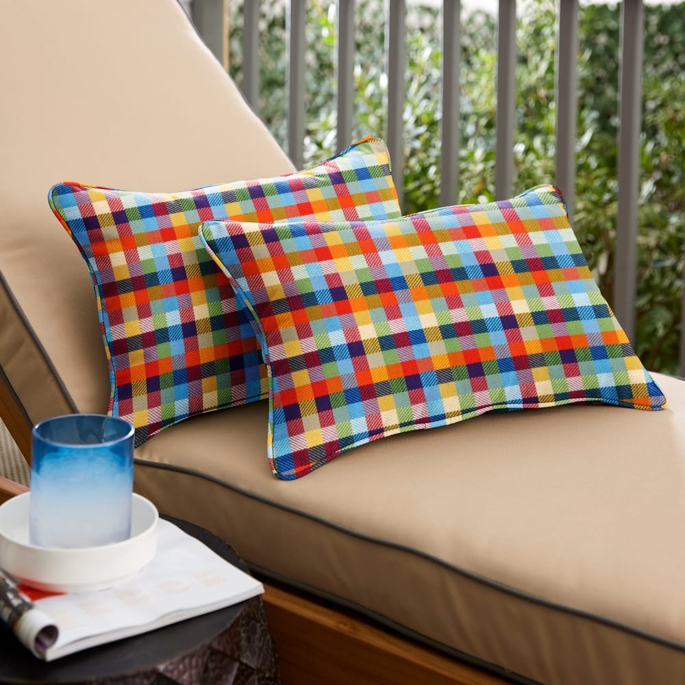 Sorra Home Sunbrella Multi-Colored Check Indoor/Outdoor Corded Lumbar Pillows (Set of 2)
