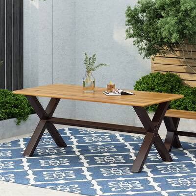 Roomfitters Rectangular Outdoor Dining Table, Wooden Patio Table with X-Shaped Metal Legs for Garden or Deck, Teak