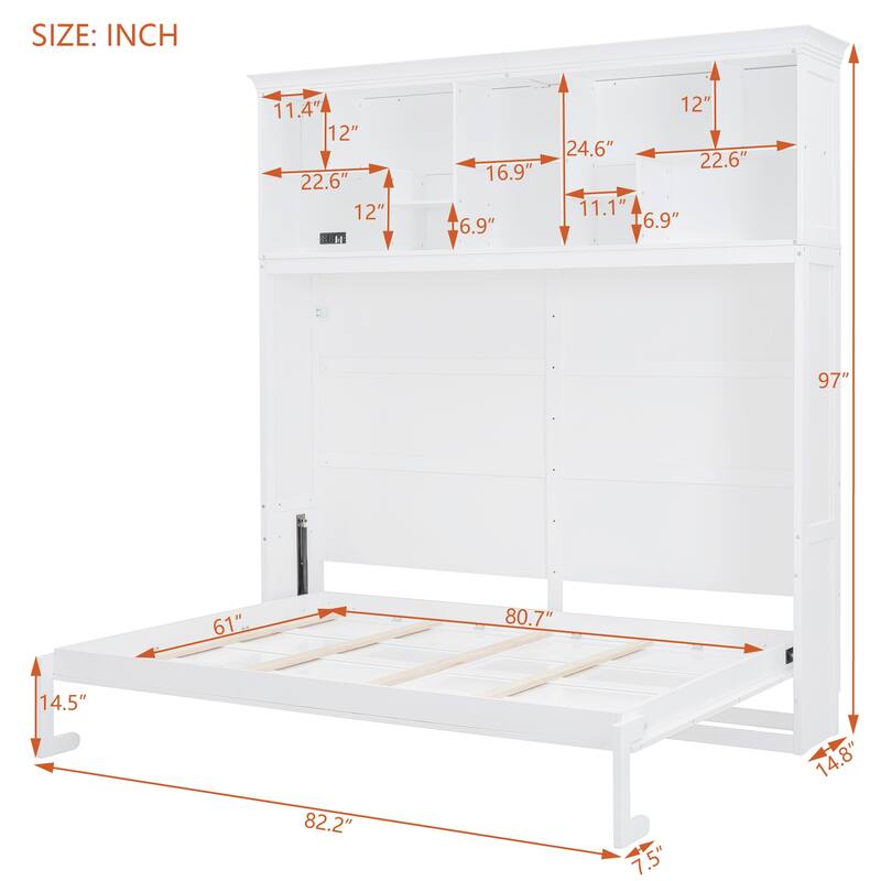 Queen Murphy Bed with USB & Top Shelves - Multi-Function Fold-Away Wall Bed for Small Apartments