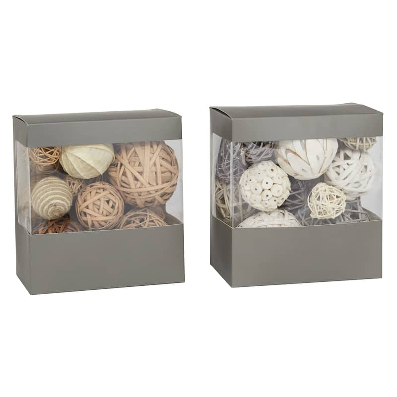 Brown Wood Handmade Orbs & Vase Filler with Varying Designs (Set of 2)