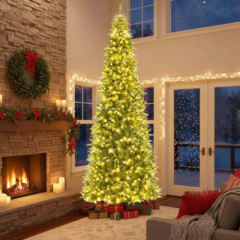 Gymax 12 FT Tall Prelit Hinged Artificial Christmas Tree Quick Power