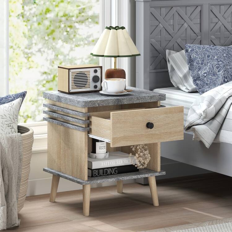 Antique Grey and Natural Nightstand with Faux Marble Top Drawer and Open Shelf