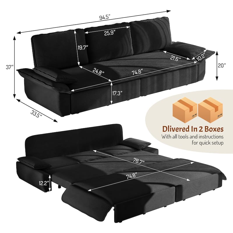 Homy Casa 73.2''/94.5" Queen/King Pull Out Sofa Bed, 3-in-1 Corduroy/Velvet Sleeper Couch