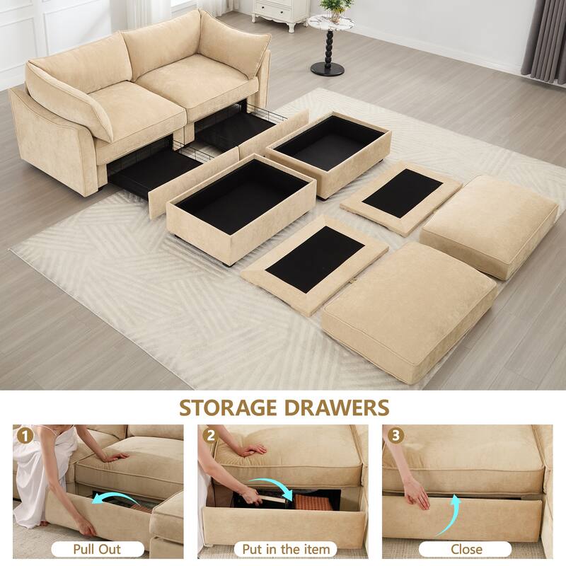 Modern Chenille Sectional Sofa Couch with Hidden Storage & 2 Ottoman