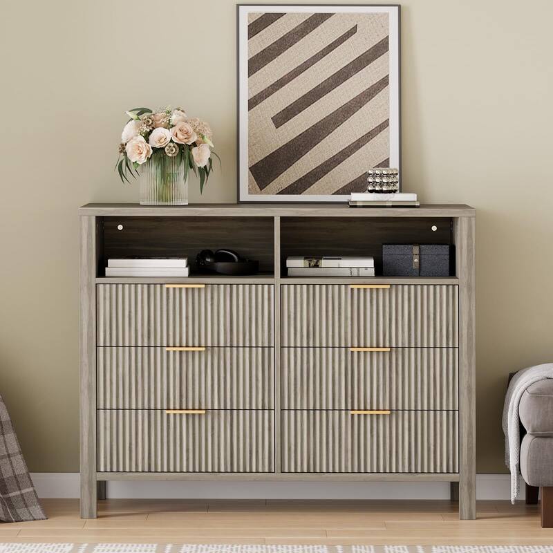 6 Drawer Dresser for Bedroom, Farmhouse Chest of Drawers with 2 Open Shelves and Fluted Doors