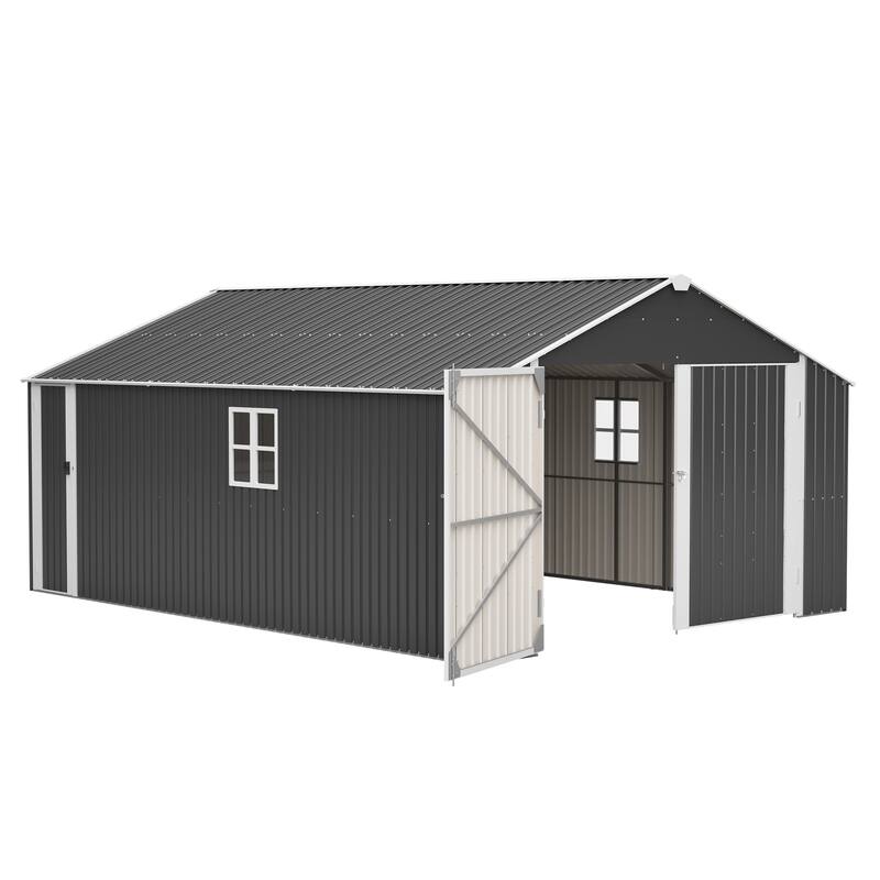 GDFStudio - Cassandra Large Outdoor Metal Storage Shed with Lockable Doors for Secure Vehicle and Equipment Storage