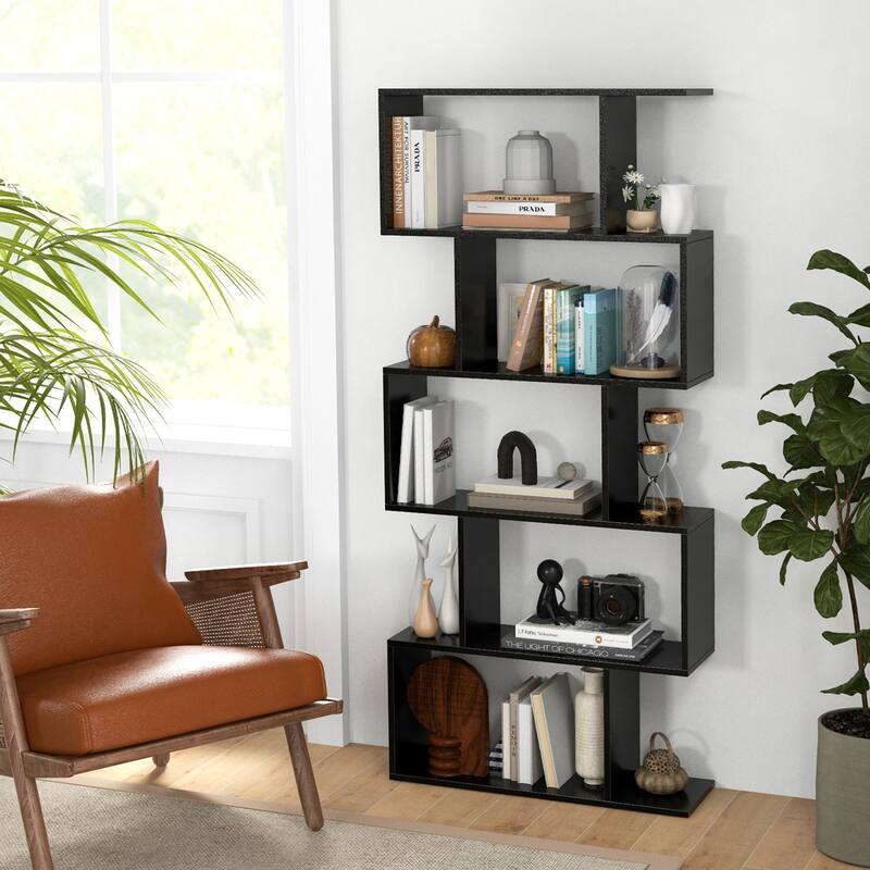 Costway 5-Tier Bookshelf Geometric S-Shaped Bookcase Room Divider