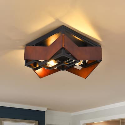 2 - Light Geometric Flush Mount Ceiling Light, Wood & Metal Design - Matte Black - N/A