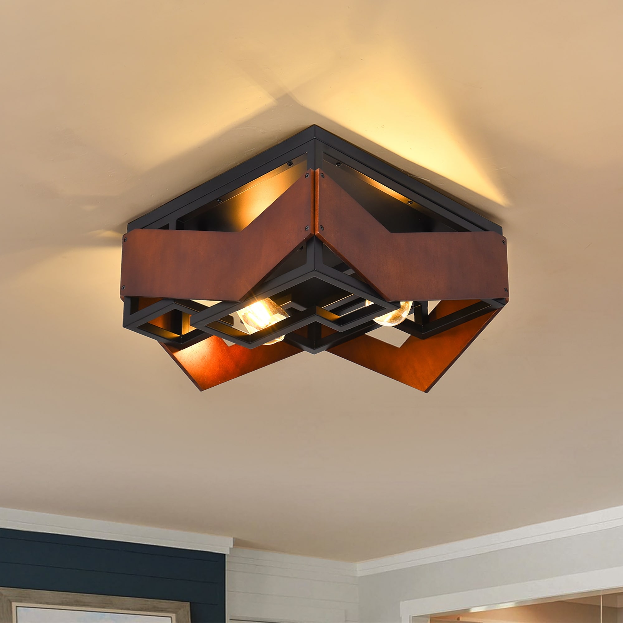 2 - Light Geometric Flush Mount Ceiling Light, Wood & Metal Design - Matte Black