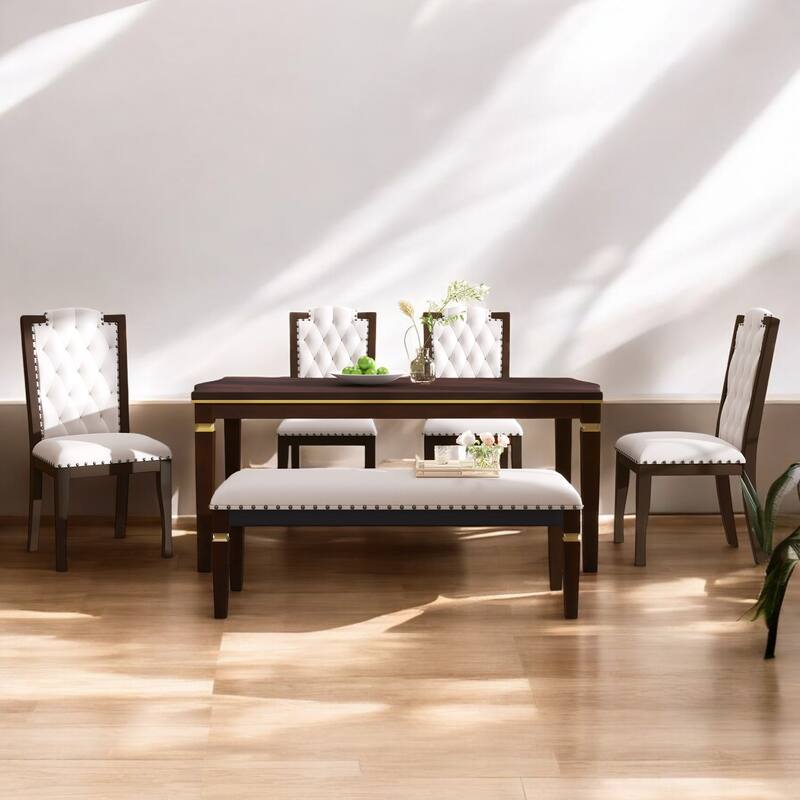 6-Piece Solid Wood Dining Table Set with Upholstered Bench & Chairs, Classic Modern Dining Room Set for Kitchen, Living Room