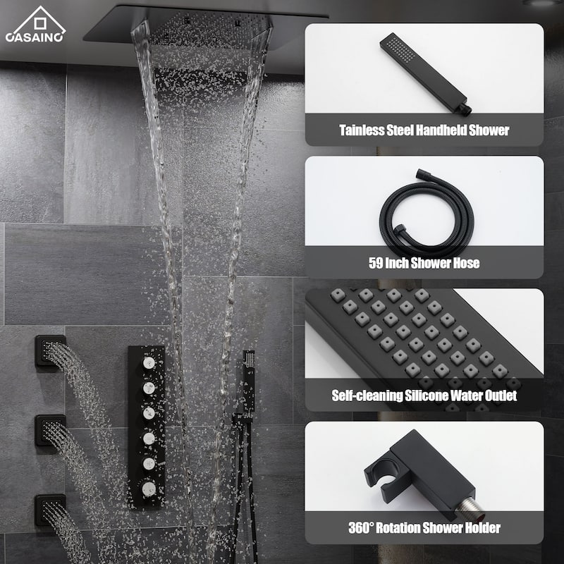 Luxury Thermostatic Shower System 5-Spray Patterns 20"x24" Ceiling Mount Fixed and Handheld Shower Head with 3 Body Sprayer Jets