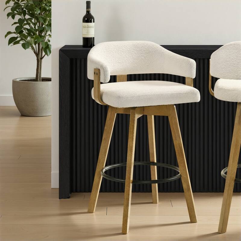 Callah Natural Wood Bar Stool, Counter Height Kitchen Stool in Amber Glow Finish with White Boucle Fabric Upholstered Seat - Set of 3 - Bar Height