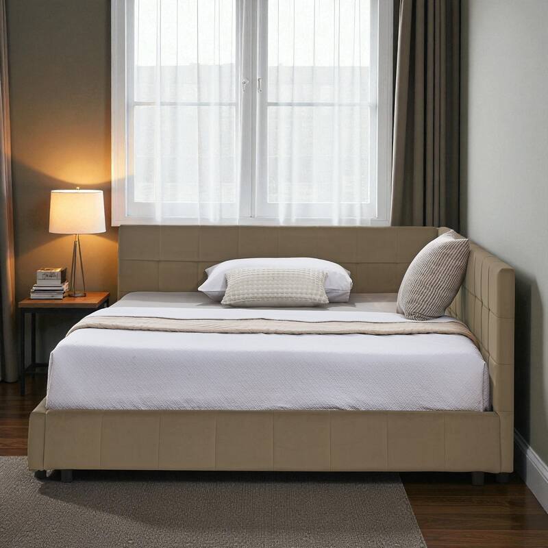 Full Size Velvet Upholstered Tufted Daybed Frame with Backrest and Armrest, Mid-Century Sofa Bed for Bedroom or Living Room