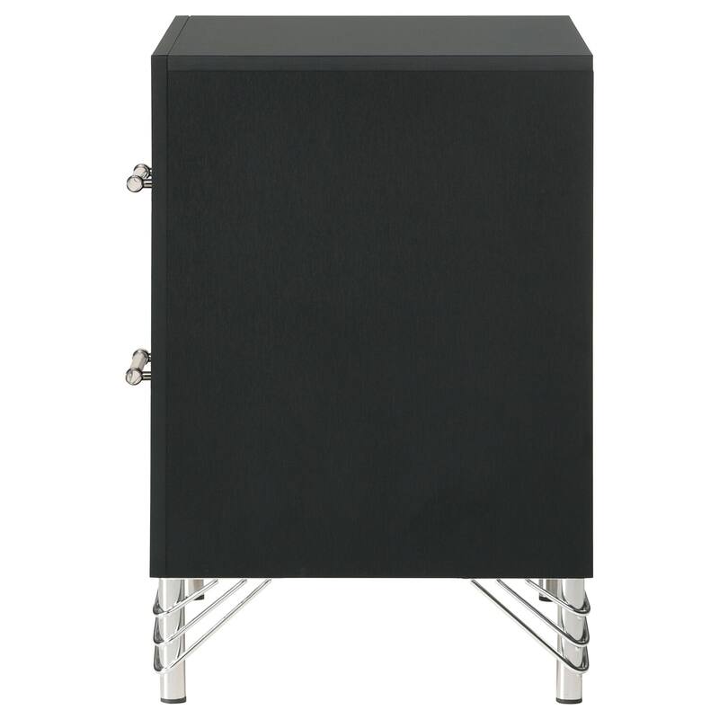 Black 2-Drawer Nightstand with Chrome Trim, Hairpin Legs, Long Bar Pulls and Bold Sophisticated Design