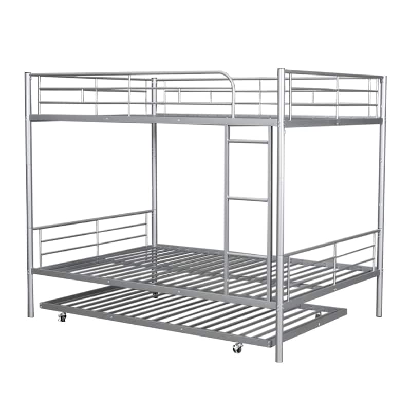Full Over Full Metal Bunk Bed with Trundle, Silver