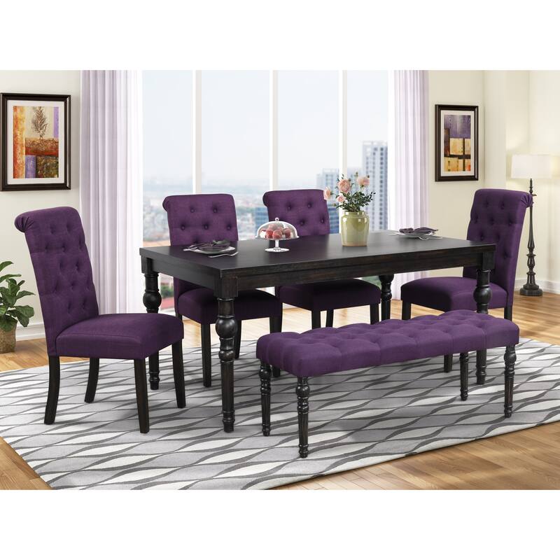 Button Tufted Upholstered Bench, Upholstered Dining Chairs, Dining Table and Chairs Set with Rectangular Table, Purple