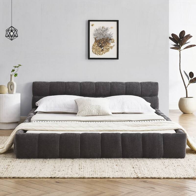 Chenille Fabric Grounded Queen Size Platform Bed with Headboard and Solid Frame