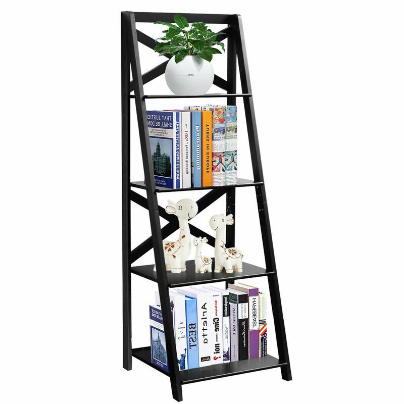 2 Pcs 4-Tier Ladder Shelf Bookshelf Bookcase Storage Display Leaning - Black