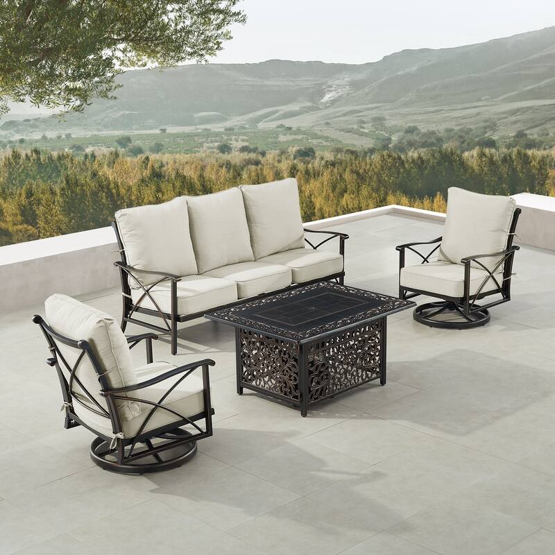 Black Aluminum Fire Table Set with Sofa and Two Club Chairs