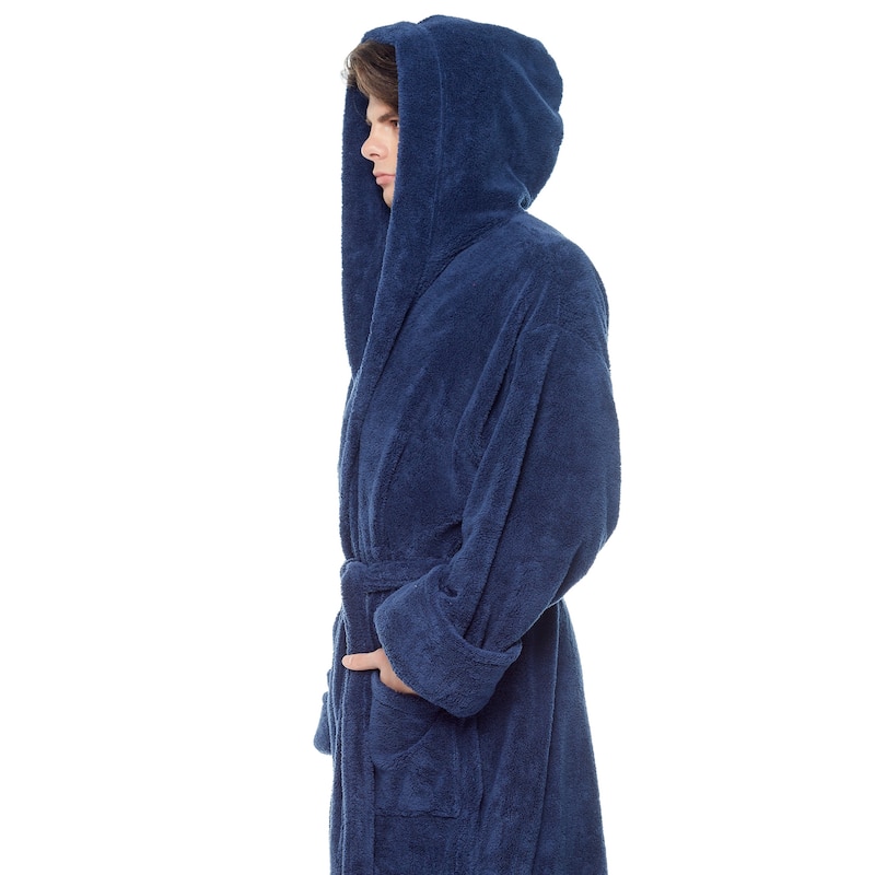 Men's Hooded Soft Plush Fleece Bathrobe Full Length Robe
