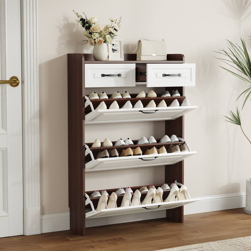 Wooden Shoe Storage Cabinet, Freestanding Shoe Rack Cabinet, Slim Narrow Shoe Cabinet with 3 Flip Drawers & 2 Storage Drawers