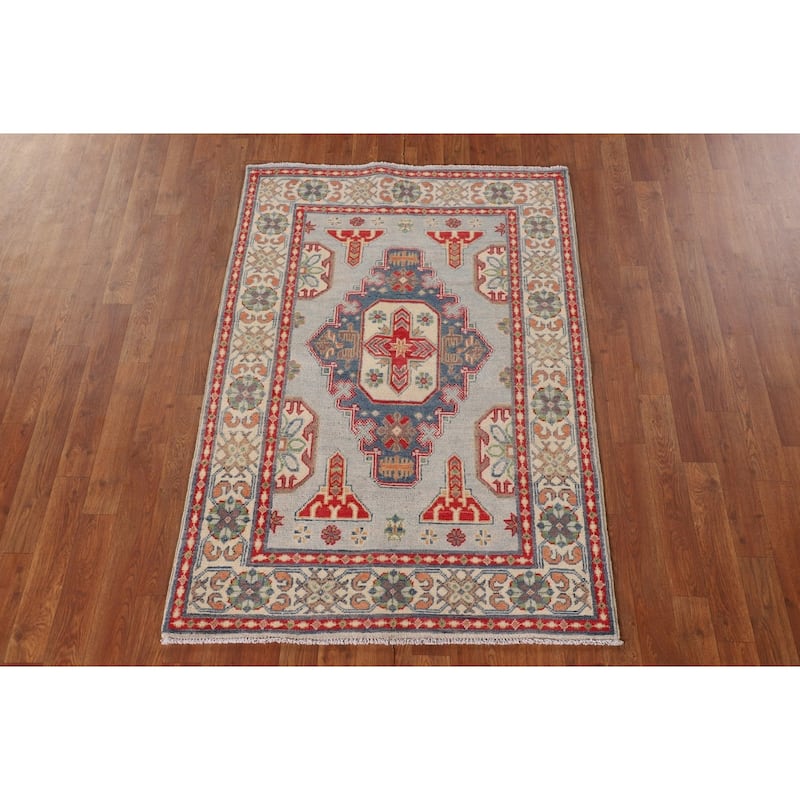 Geometric Grey Kazak Oriental Accent Rug Hand-Knotted Wool Carpet - 3'3"x 4'11"